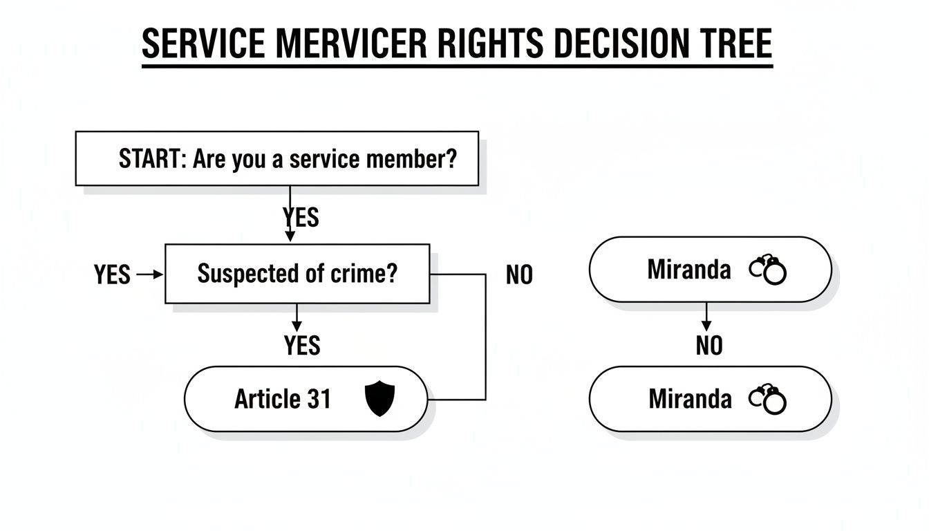 A decision tree flowchart details service member rights, indicating Article 31 for crimes and Miranda for other situations.