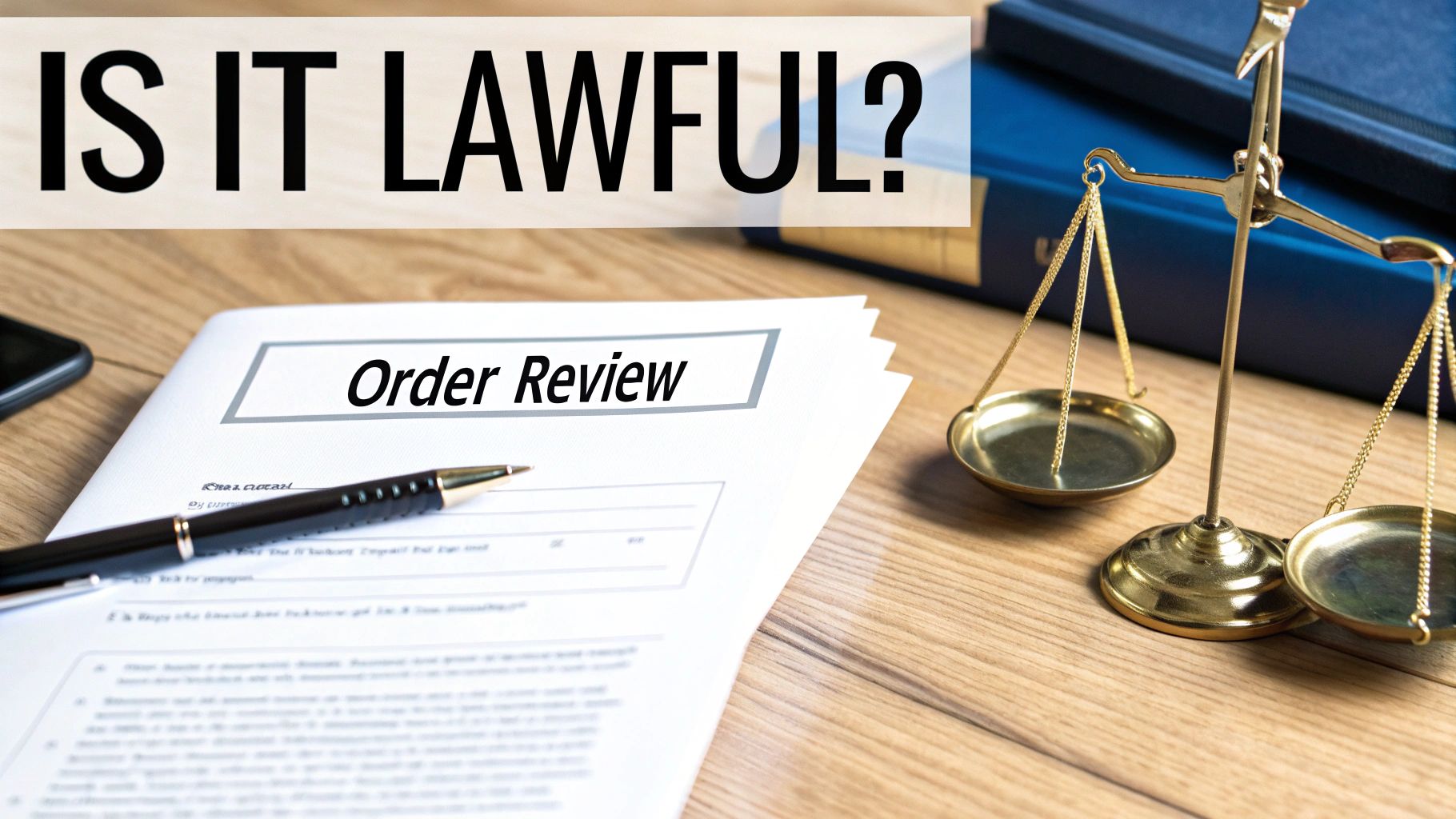 A desk with an 'Order Review' document, pen, scales of justice, and books, with text 'IS IT LAWFUL?'.