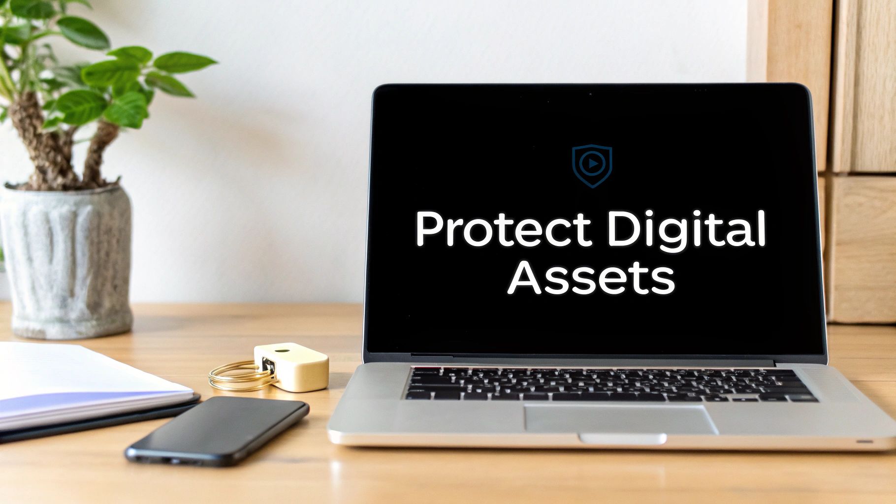 A laptop on a wooden desk displays 'Protect Digital Assets' with a shield icon, next to a phone.