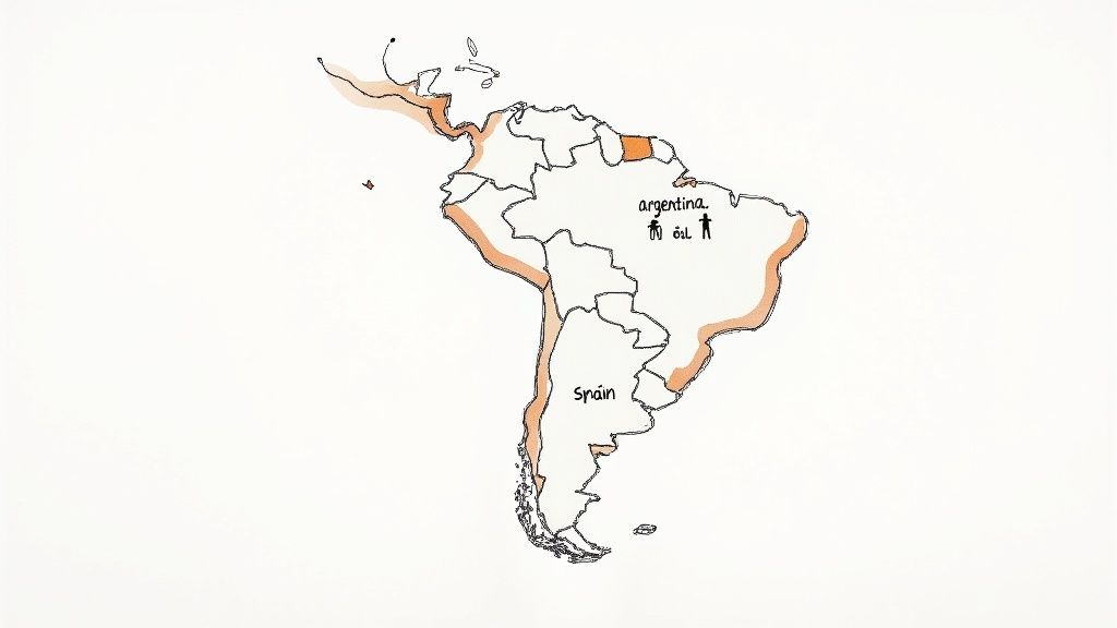 Map of South America highlighting Argentina and Uruguay, indicating regional Spanish variations