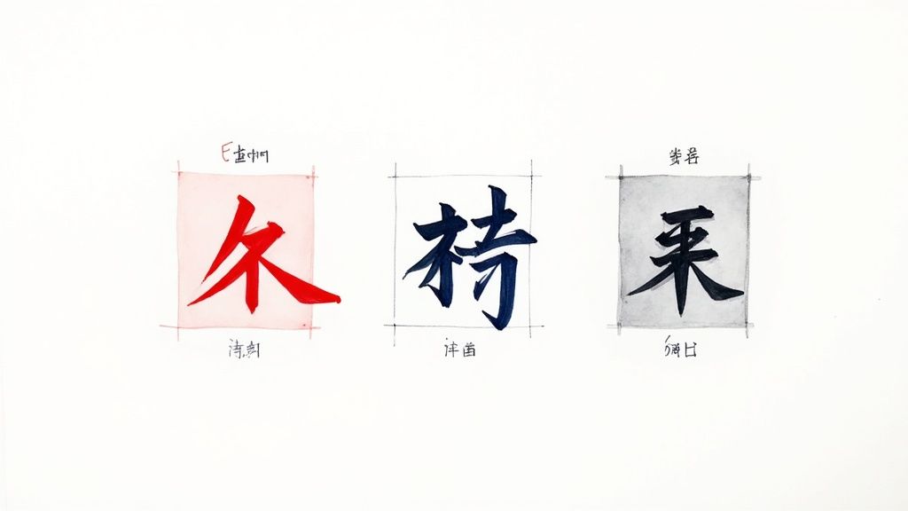 Three traditional Chinese calligraphy characters '久', '持', '来' in red, blue, and black, with annotated text.