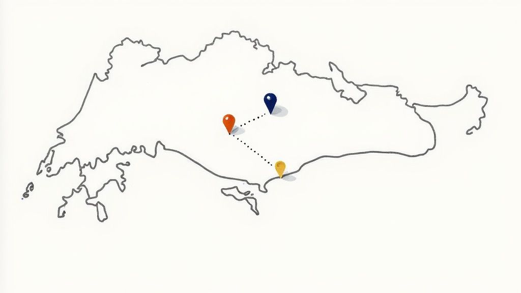 A diverse group of people chatting and laughing together at a cultural event in Singapore.