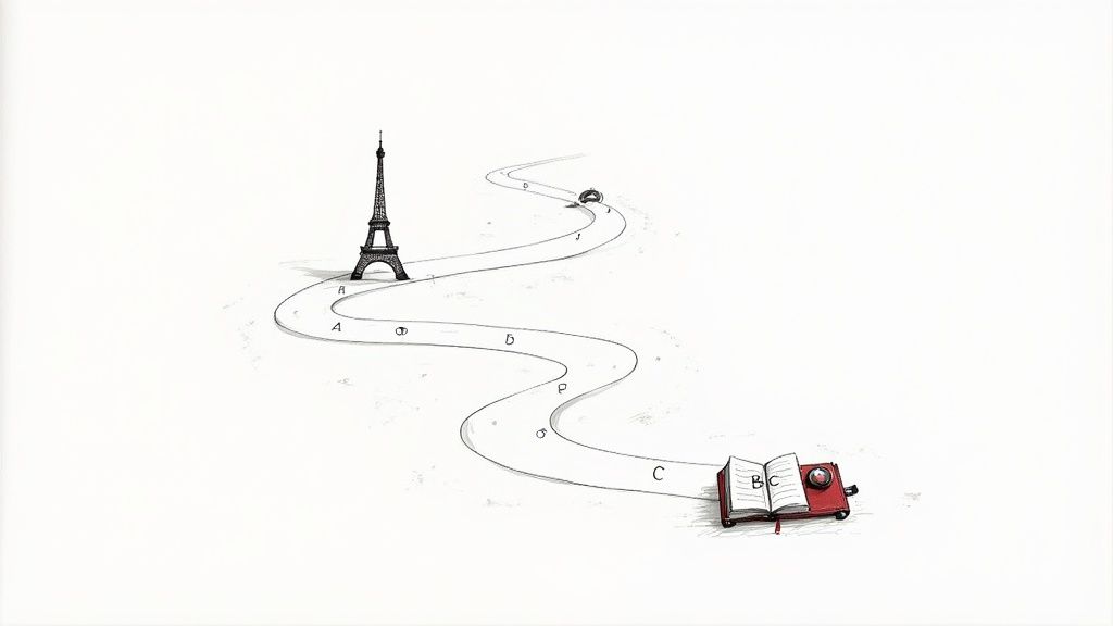 A woman smiling while looking at a French language textbook in a library.