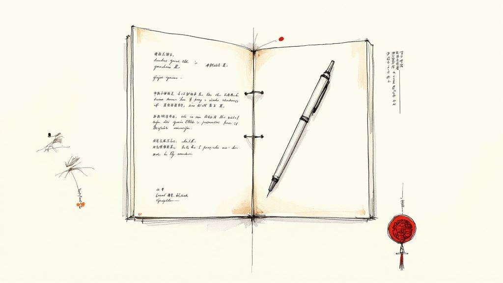 Open journal with handwritten Chinese text, white pen, and decorative red tassel bookmark