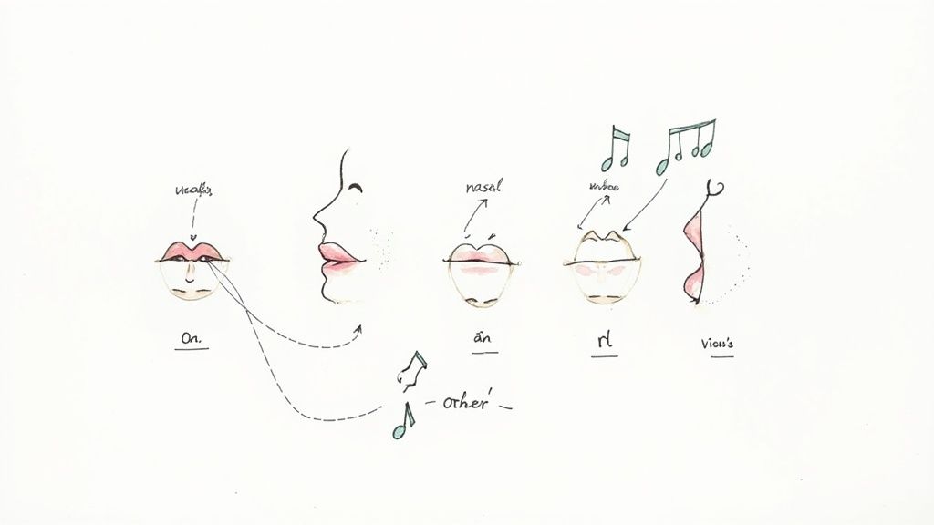 A close-up of a person's mouth as they pronounce a word, with phonetic symbols floating around.