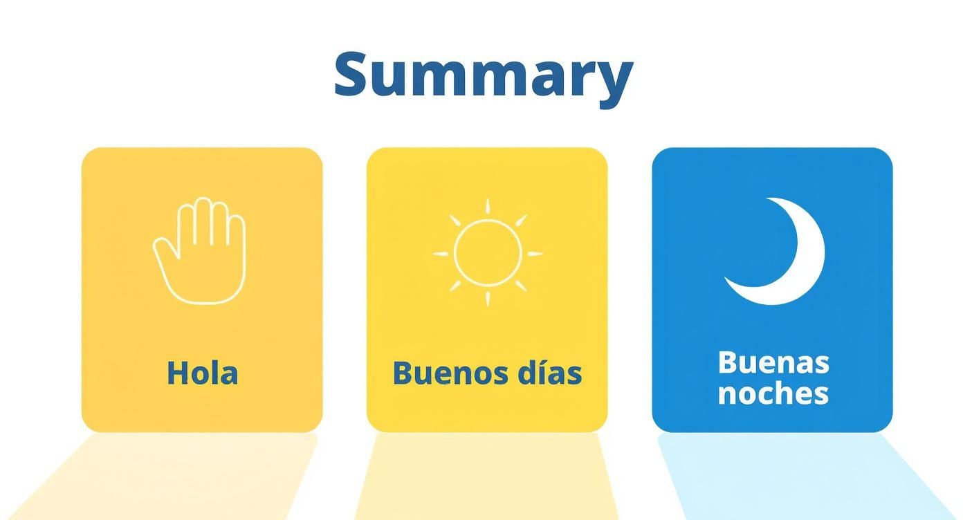Summary of basic Spanish greetings: 'Hola' (hello), 'Buenos días' (good morning), and 'Buenas noches' (good night).