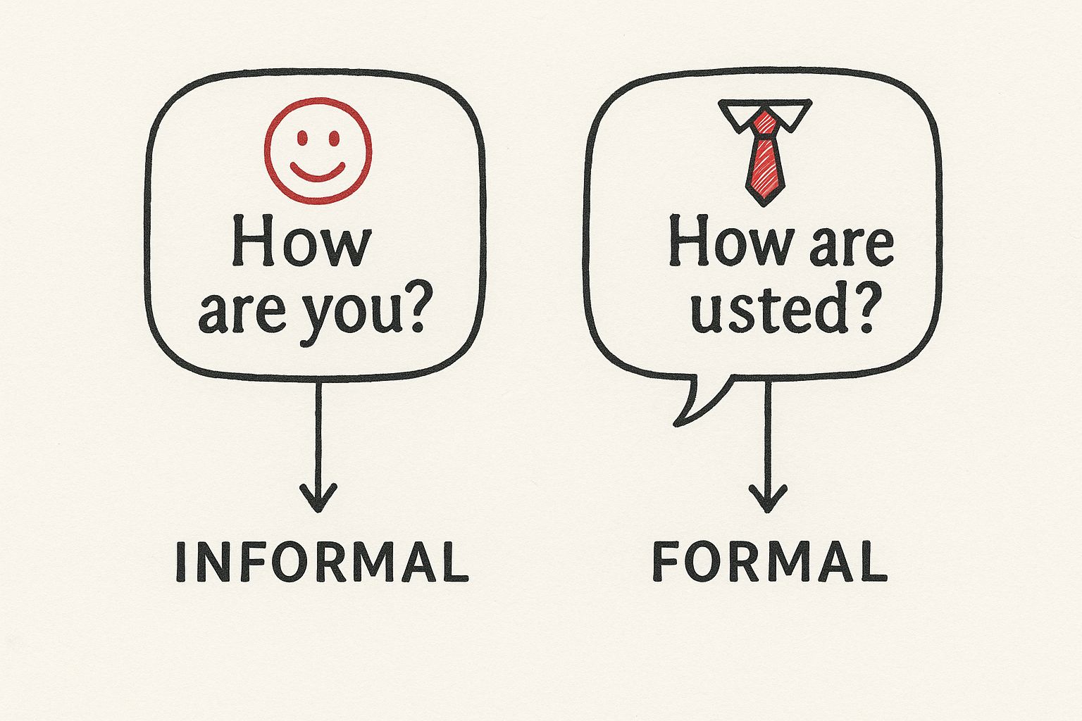 Infographic showing a casual speech bubble with ¿Cómo estás? and a formal speech bubble with ¿Cómo está usted?
