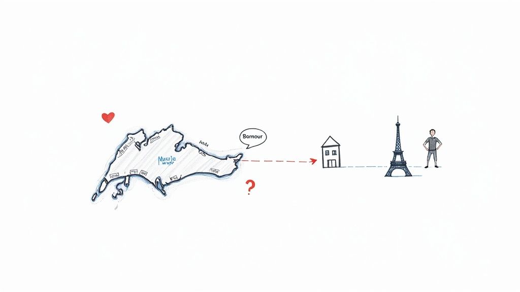 A student taking notes while learning French in a bright and modern classroom setting.