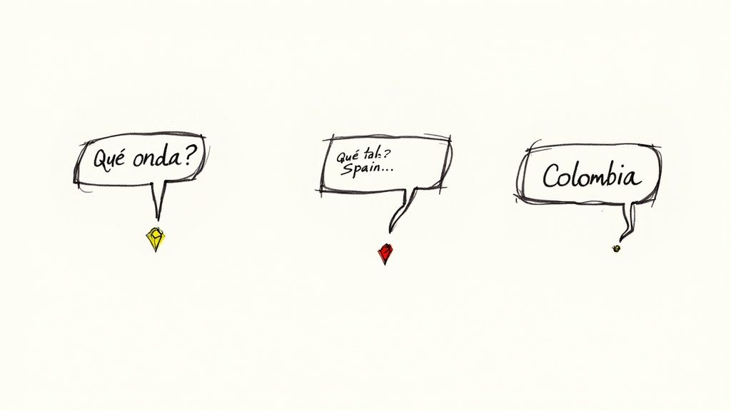 Two friends chatting casually in a sunny outdoor setting in a Spanish-speaking country.