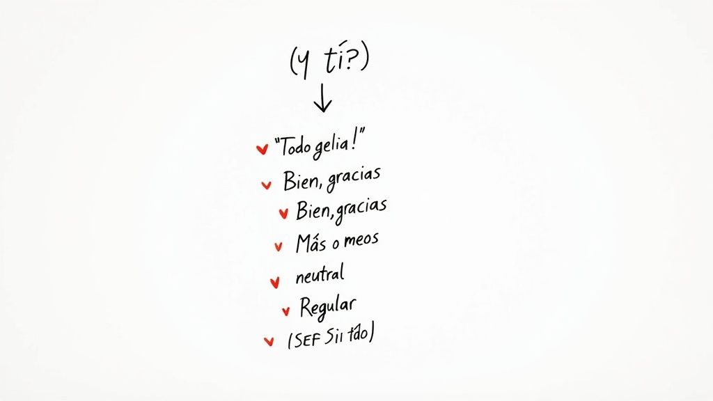 Handwritten list in Spanish showing various responses to 'And you?', ranging from positive to neutral.