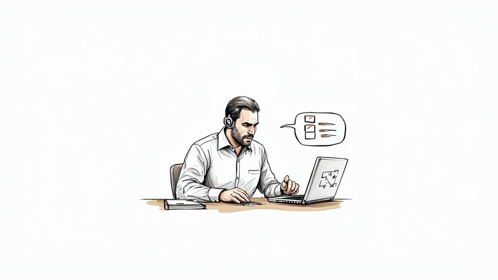 A person smiling confidently during a video call on a laptop, with a clean and professional background.