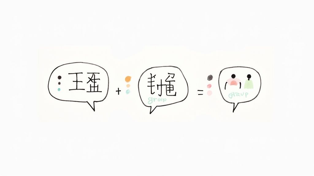 Visual equation showing Chinese characters for jade plus rope equals group in speech bubbles