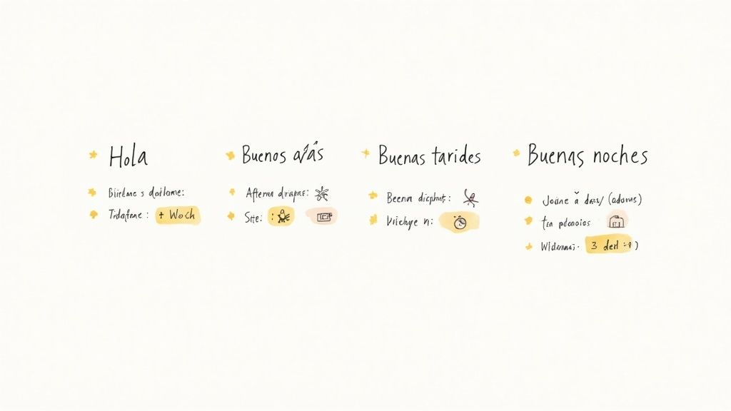 Handwritten notes on a light background explaining Spanish greetings: Hola, Buenos días, Buenas tardes, and Buenas noches, with associated bullet points, icons, and highlighted text.