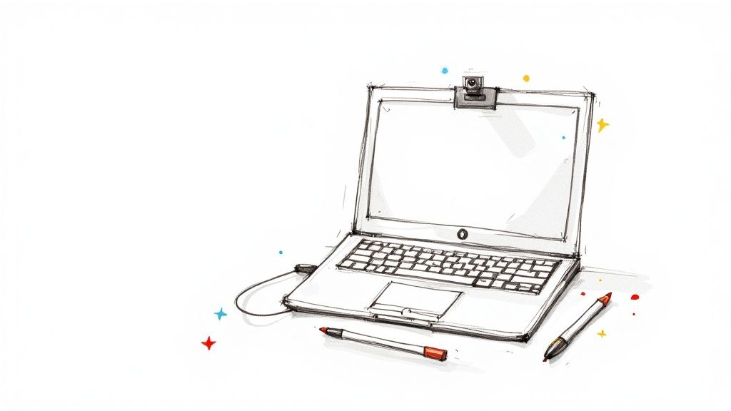 An organised desk setup showing a laptop with a video call, a digital tablet with a stylus, and a high-quality microphone.