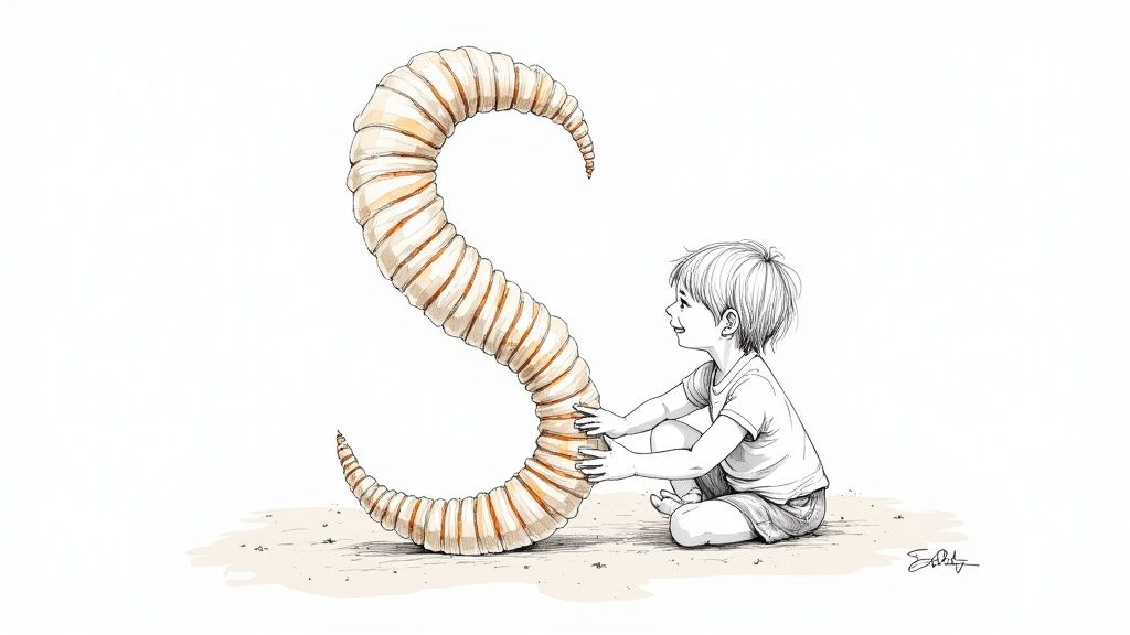 Smiling boy sitting on the ground, holding a large, worm-like object shaped as the letter S.