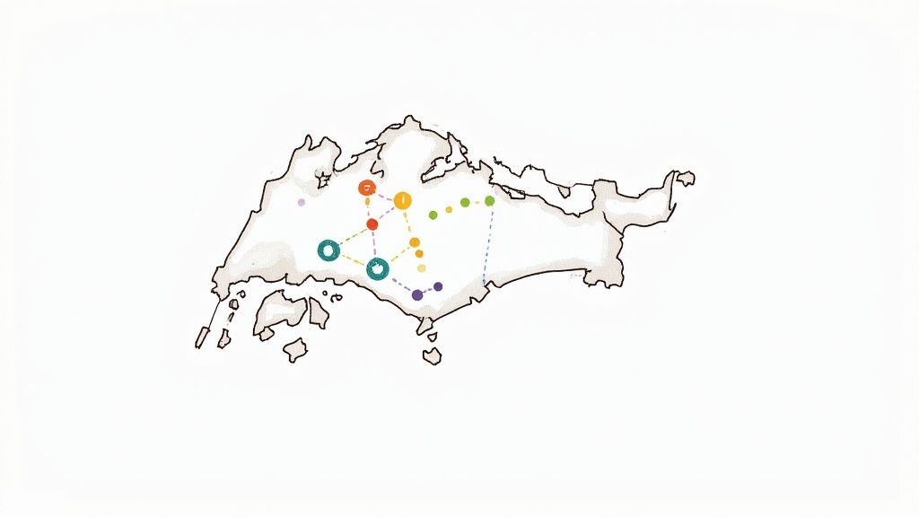 A female online tutor teaching a student remotely using a laptop in a bright, modern living room.