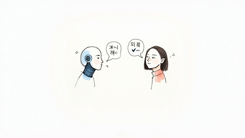 Watercolor illustration of a robot and a human having a conversation with Korean text.