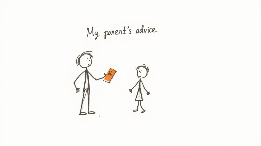Simple stick figure drawing showing parent giving advice to child with orange book
