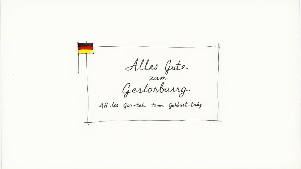 A colourful birthday card with the German greeting 'Alles Gute zum Geburtstag'.