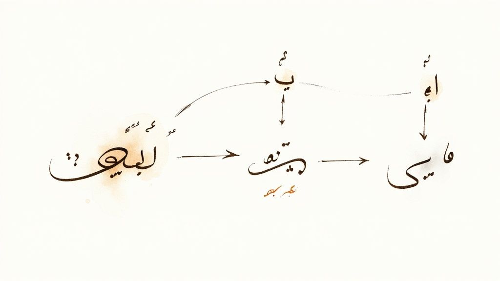 An Arabic calligraphy diagram illustrating the flow and relationships between various Arabic words and letters.