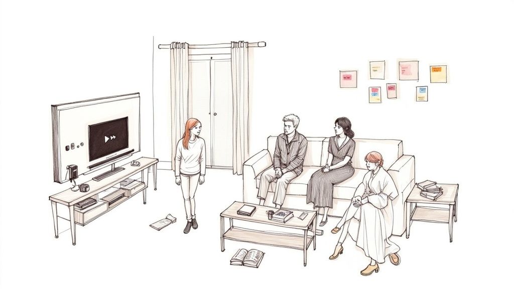 Two people having a friendly conversation in a modern Singaporean cafe, creating an immersion environment.