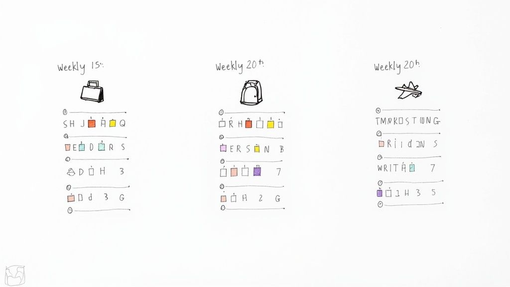 Three handwritten weekly schedules, showing icons, letters, numbers, and colored squares on a white background.