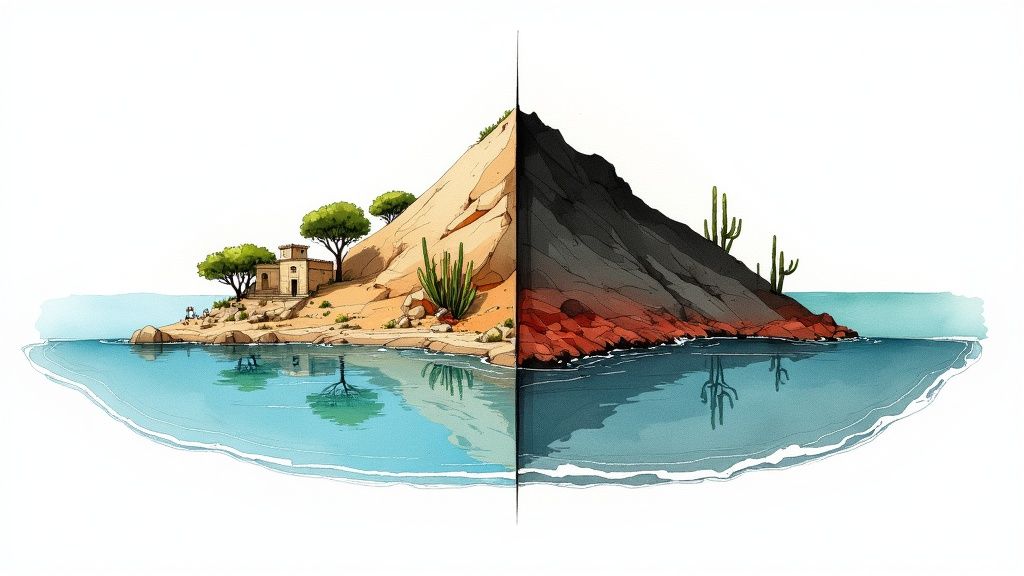 Split image of two contrasting coasts: one vibrant with trees and a building, the other dark and barren.