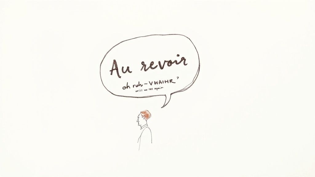 A person waving goodbye with a scenic French street in the background.