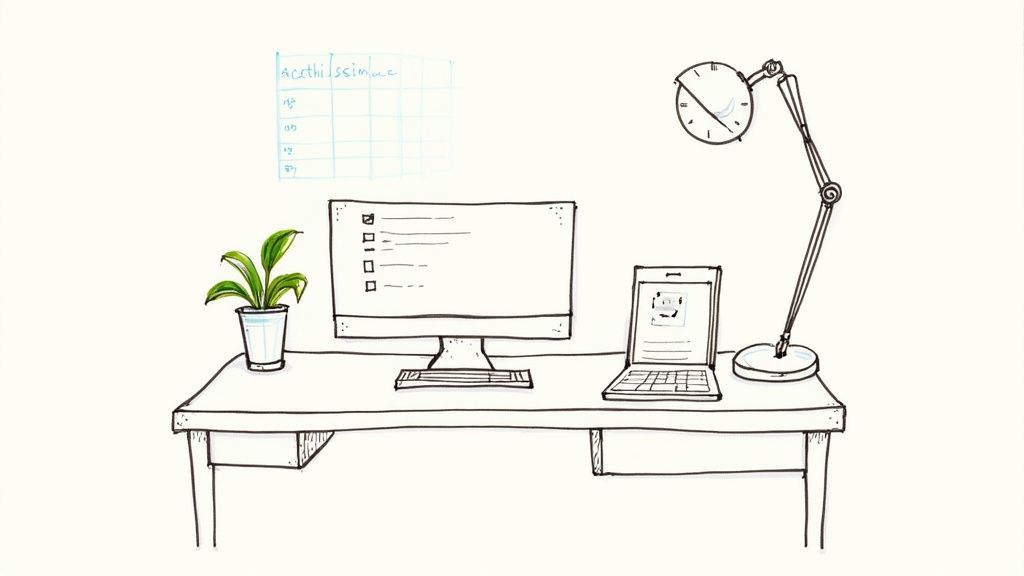 A person actively participating in an online English class, with a notebook and pen ready.