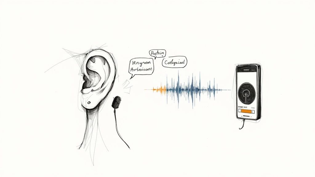 A woman wearing headphones, focused on active listening for language practice.