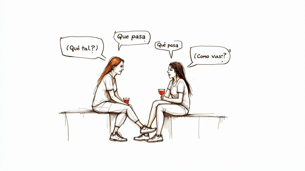 Two women having a casual conversation, displaying various Spanish greetings in speech bubbles.