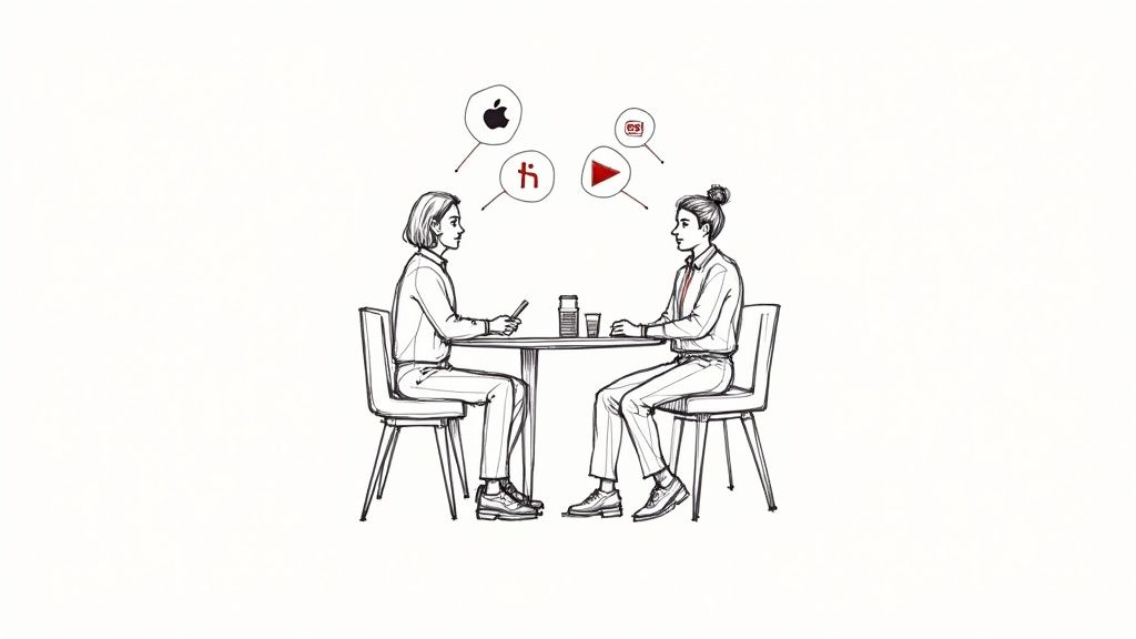Two people having a friendly conversation at an outdoor cafe.
