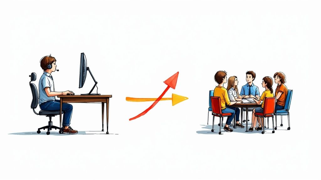 A person learning a language online on their laptop with headphones, sitting in a comfortable home setting