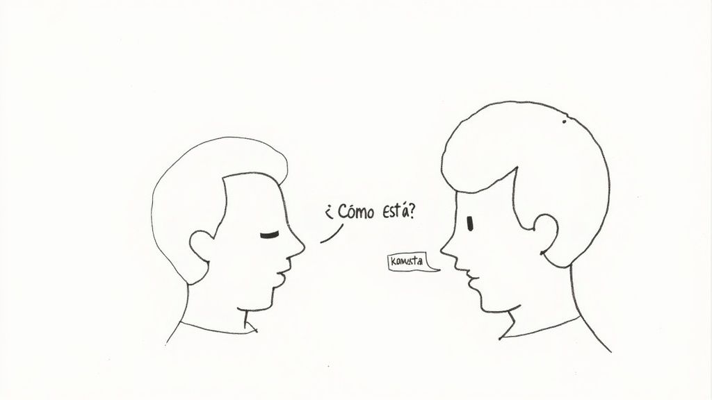 Two people facing each other in conversation, one asking how are you in Spanish