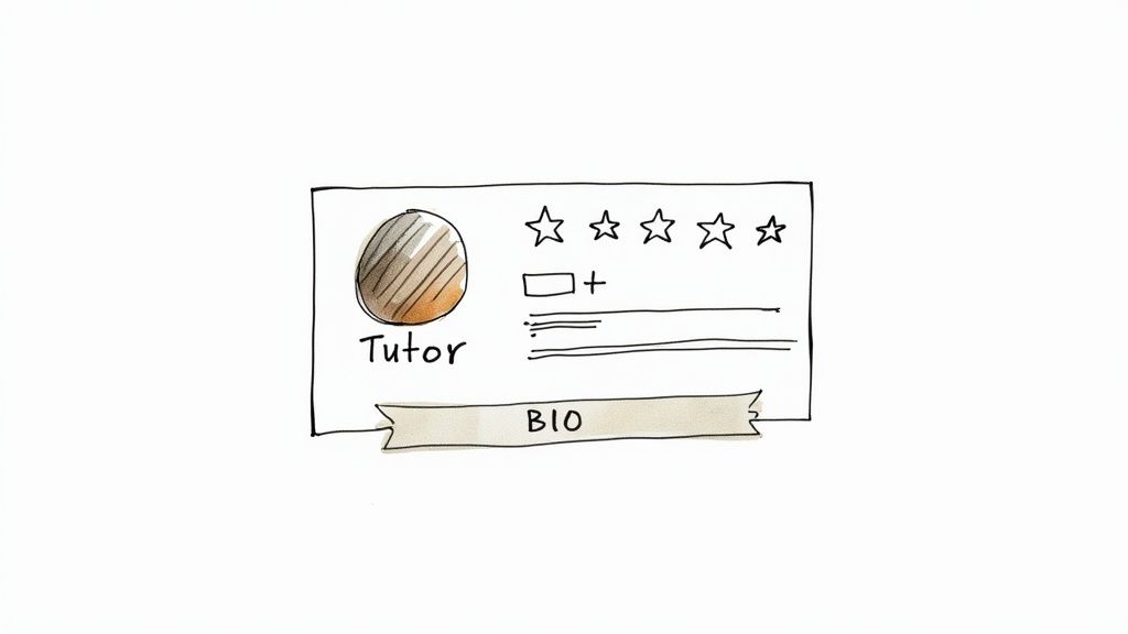 A tutor thoughtfully crafting their online profile on a laptop at a sunlit desk.