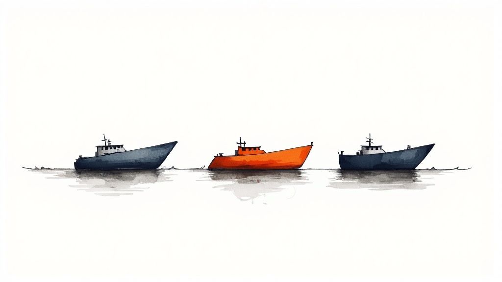 Minimalist watercolor painting of three boats, one orange and two blue, on calm water with reflections.