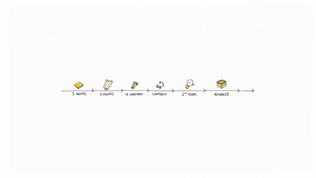 A horizontal timeline illustrating the stages of a learning journey with corresponding timeframes and icons.