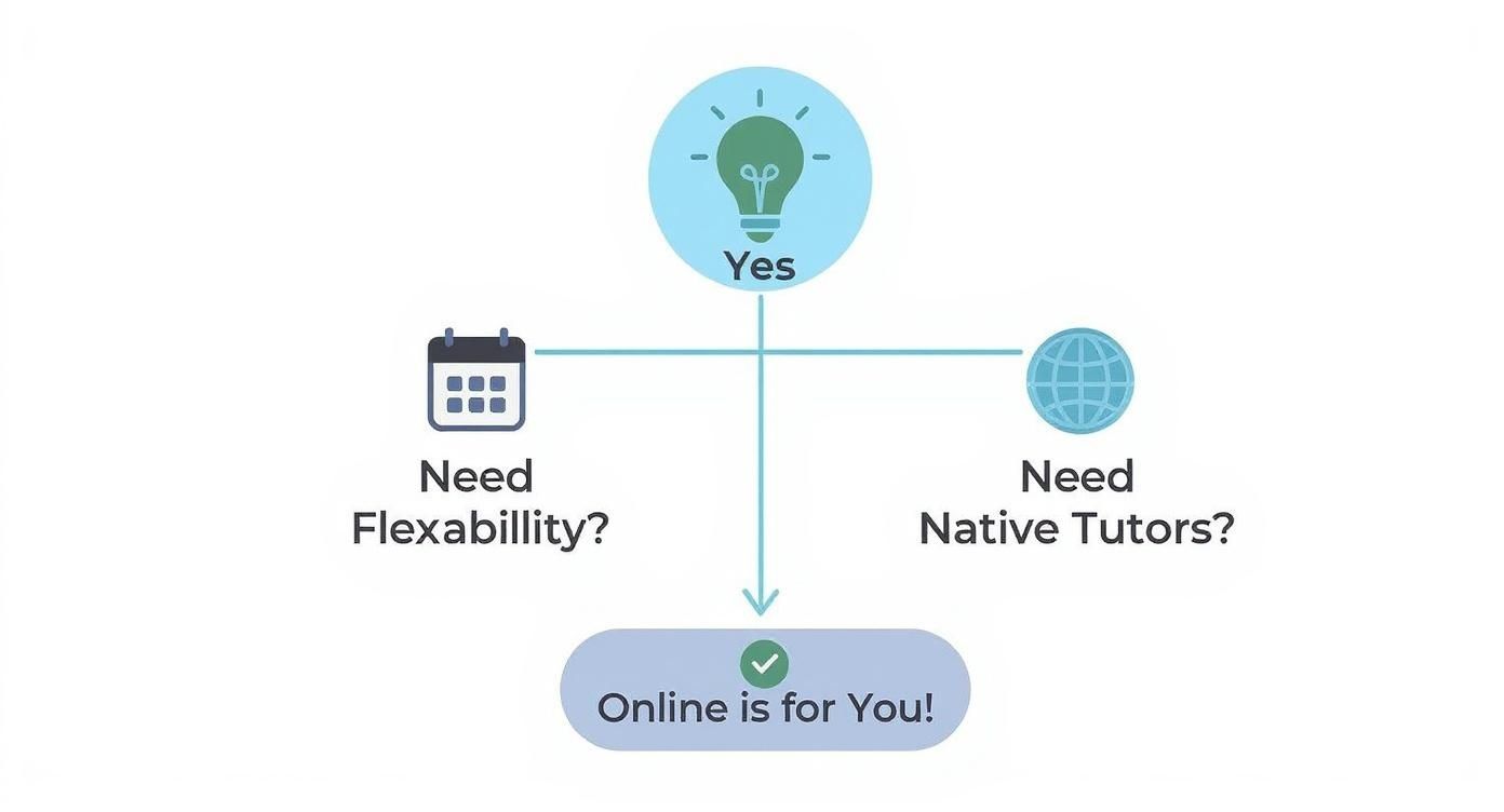An infographic decision tree shows that if you need flexibility and access to native tutors, online English classes are the right choice for you.