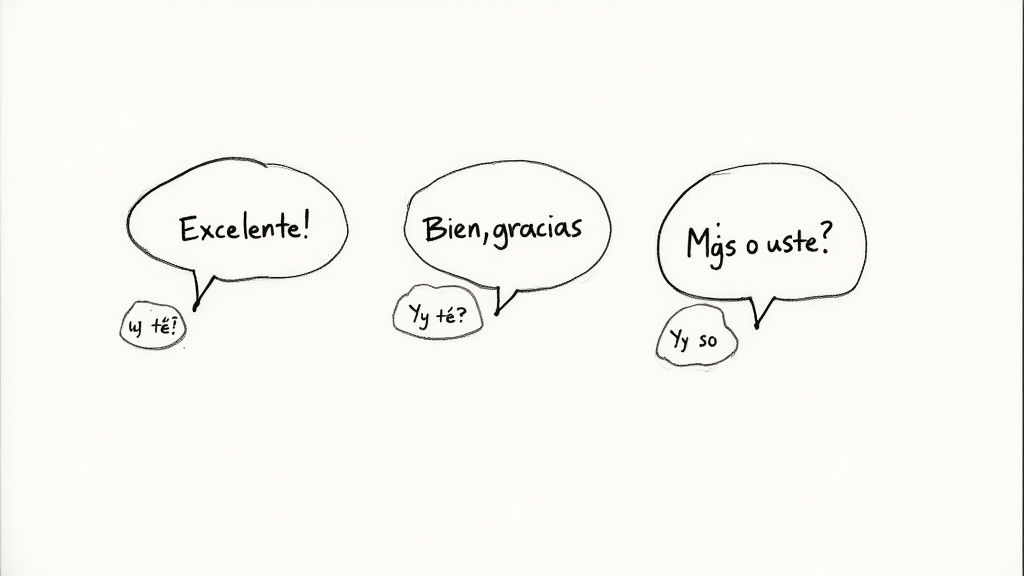 Three sets of speech bubbles showing a simple conversation in Spanish, including greetings and responses.