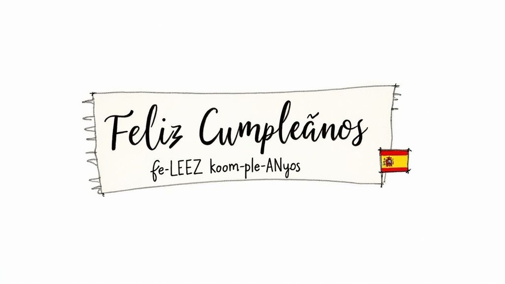 A colourful birthday cake with candles spelling out 'Feliz Cumpleaños'