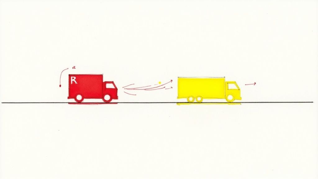 A red truck with 'R' and motion arrows, facing a yellow truck with a forward arrow on a road.