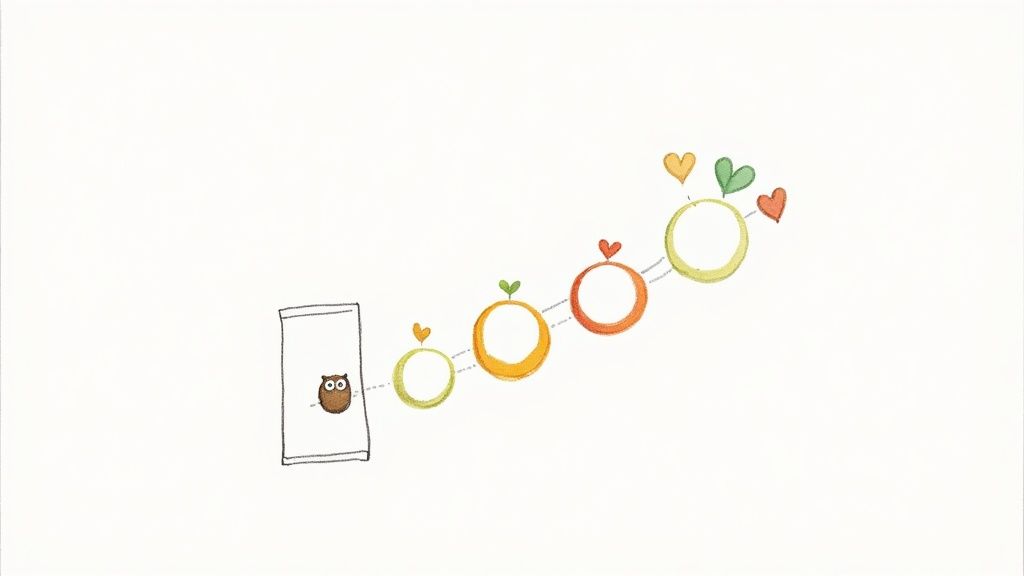 A cute illustration of a brown owl in a frame connected to a chain of colorful rings with heart and leaf accents.