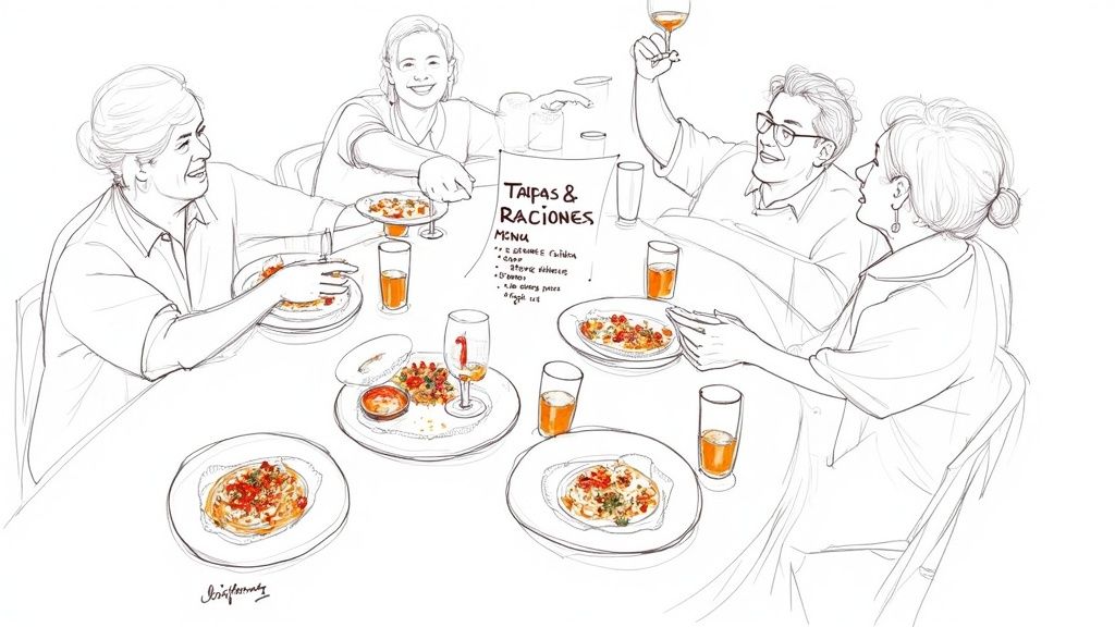 A group of friends sharing tapas and drinks at a bar