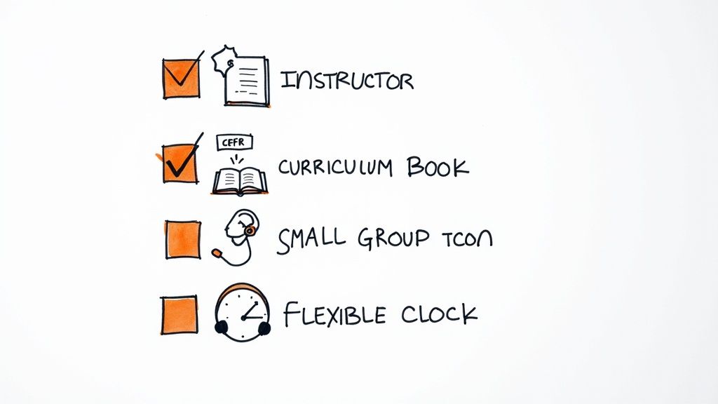 A hand-drawn checklist showing features: 'Instructor' and 'Curriculum Book' are checked, while 'Small Group' and 'Flexible Clock' are unchecked.