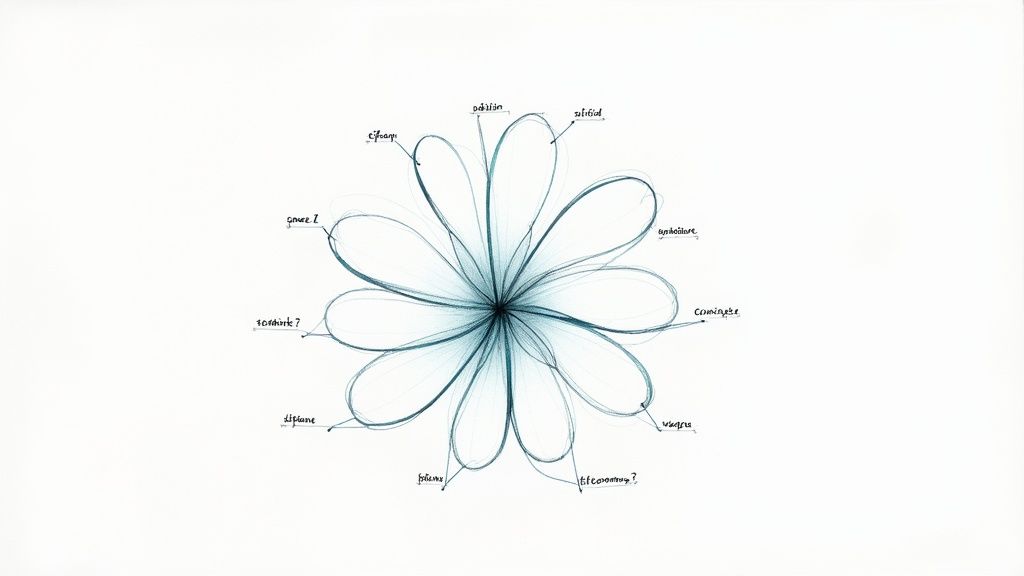 A conceptual diagram resembling a multi-petal flower with various handwritten words pointing to its petals.