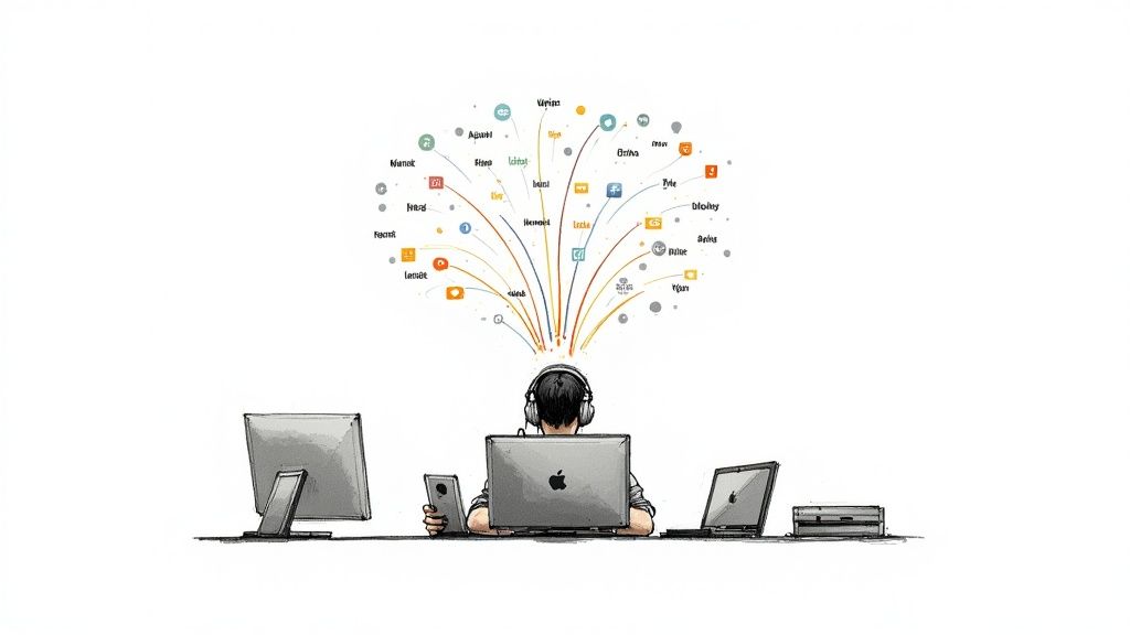 A person with headphones on, actively listening and speaking, symbolising language drills.