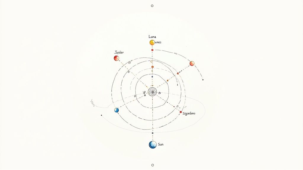 A hand-drawn diagram of a celestial system with the Sun, Moon, Jupiter, and a planet named Sagradino.