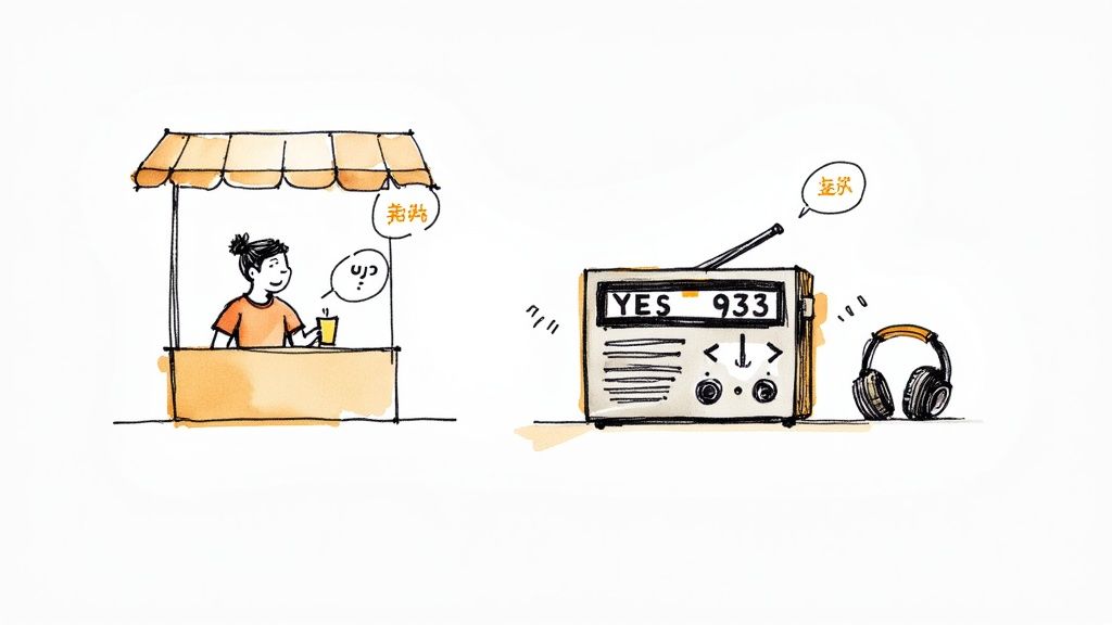 A group of friends chatting and laughing together in a modern cafe setting.