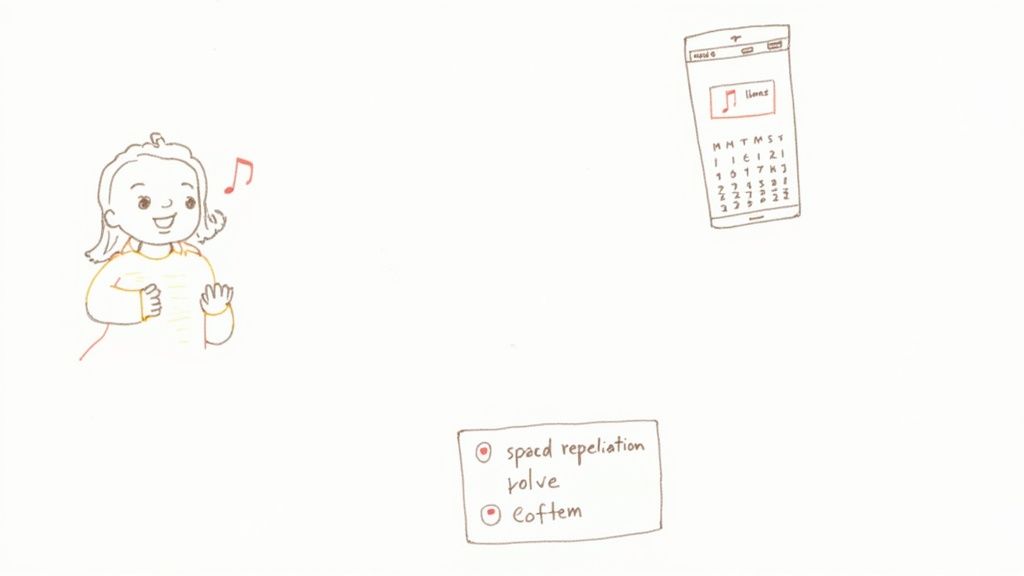 A child happily sings next to a smartphone showing iTunes and a calendar, with a handwritten list below.