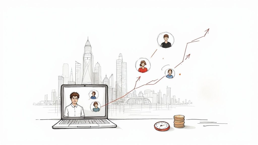 A person sitting at a desk with a laptop, engaged in an online tutoring session, with books and notes around them.